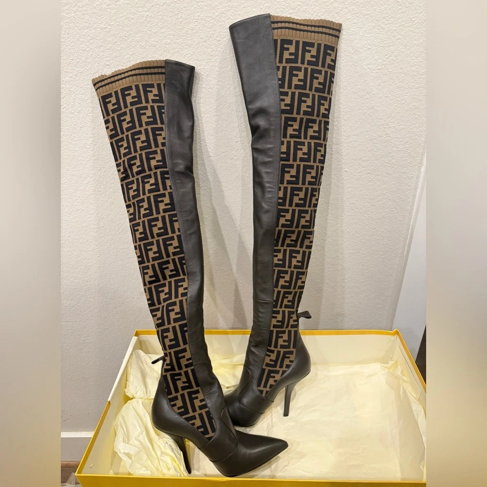 Fendi Rockoko Over the Knee Boots w FF Pattern leather sole ebano tabacco nero